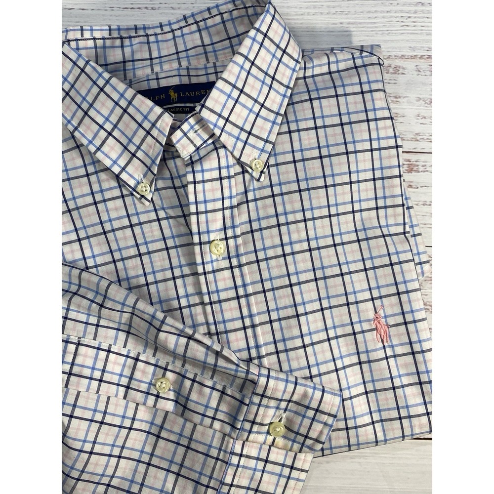 Ralph Lauren Men Button Up‎ Dress Shirt 15 1/2  Light Blue, Pink Dark Blue Plaid